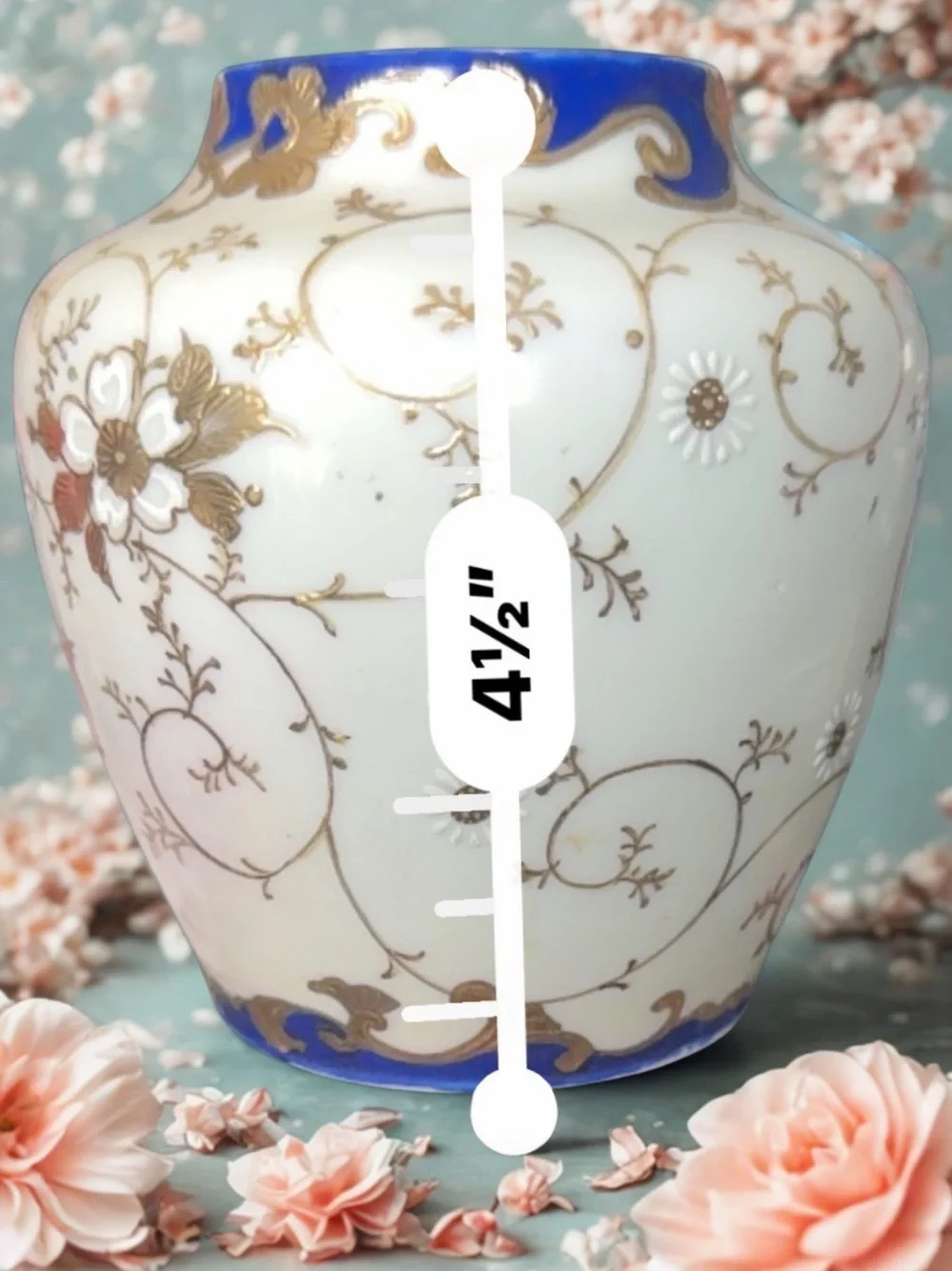 White and Cobalt Blue Porcelain Vase with Gold Floral Accents